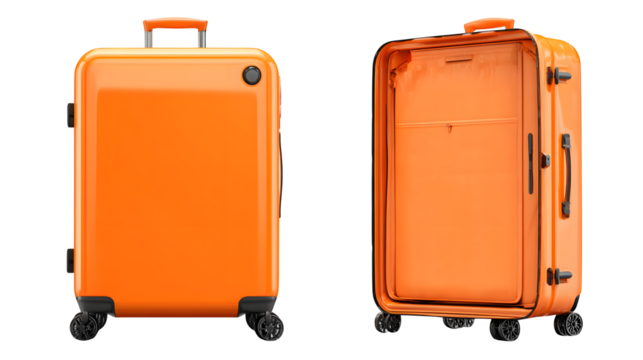 Orange Hardshell Suitcase Open and Closed in Modern Airport Setting isolated on transparent white background --ar 16:9 --raw