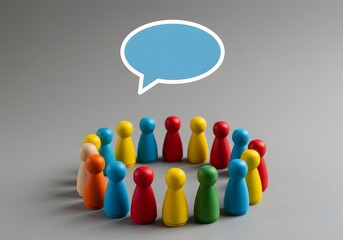 Colorful figures in a circle with a speech bubble above