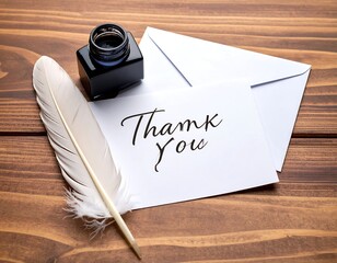 A thank you note with a quill pen and inkwell rests on a wood surface, accompanied by an envelope