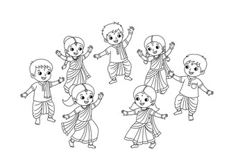 Happy Indian Children in Traditional Clothing, Line Art Illustration, Joyful Festive Mood
