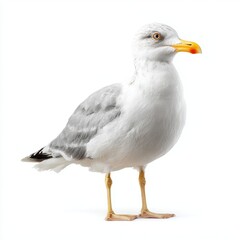 A seagull standing against a clean background, showcasing its plumage and features