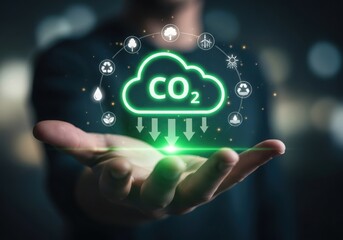 Person holding a glowing co2 cloud with environmental icons