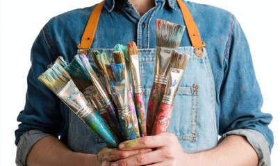 Artist holding a bunch of colorful paintbrushes