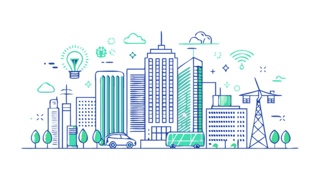 Modern city skyline isolated on white background, showcasing ecofriendly buildings, renewable energy sources, and sustainable urban development initiatives