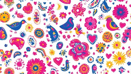 Whimsical pattern of small birds, flowers, hearts, and paisley elements in bright pink, fuchsia, yellow, and blue on a white background