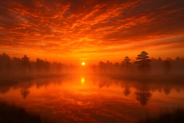 Obraz premium Ablaze sunrise over misty lake with fiery sky