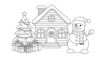 Cheerful Christmas Snowman, House, Tree, and Gifts:  Line Art Coloring Page Illustration