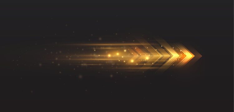 Bright gold arrows with acceleration effect and light trail. Vector effect of speed and progress on the theme of racing, speed technologies in internet connections. Light effect on a dark background.