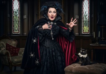 Dramatic Costume Senior Woman with Black Kitten in Spooky Halloween Scene