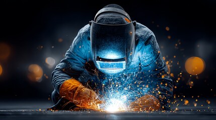Industrial Worker Welding Metal with Bright Sparks in Workshop