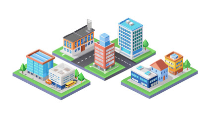 Isometric city buildings set with office, apartment, house, factory, and other urban architecture isolated on white background