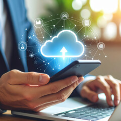 Photography of a person using the phone and labtop with cloud icon on the screen.