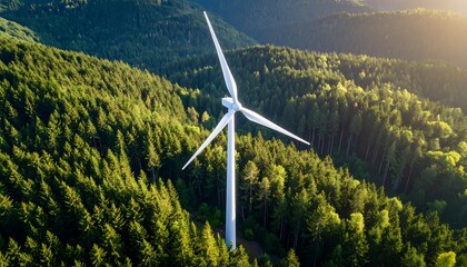 Wind turbine in a lush green forest at sunrise