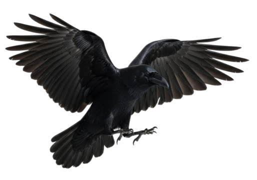 Adult black raven with powerful wings spread wide and extended talons, captured in a dynamic, hovering pose against a pristine transparent, shadowless studio background in an ultra realistic UHD