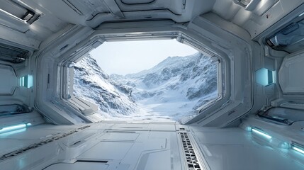 Fototapeta premium A futuristic spaceship interior with a view of snow-covered mountains