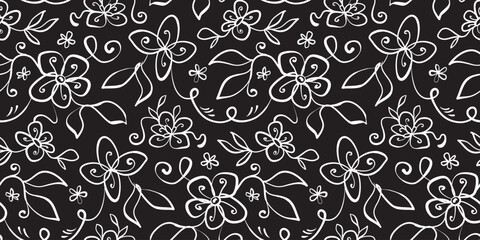 Simple hand-drawn abstract black and white floral print. Trendy collage pattern. Fashionable template for fabric design.