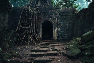 A silent fortress sinks slowly into the embracing ground.