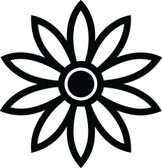 Black outline of a stylized eight petal flower with a circular center bloom petals