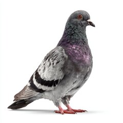 Naklejka premium A close-up view of a pigeon, showcasing its intricate features and plumage. The bird stands in a calm, observant pose, ready to take flight.
