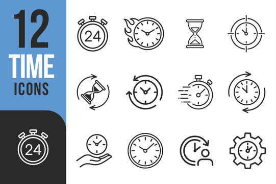 Collection of twelve modern outline icons representing various time concepts and clocks