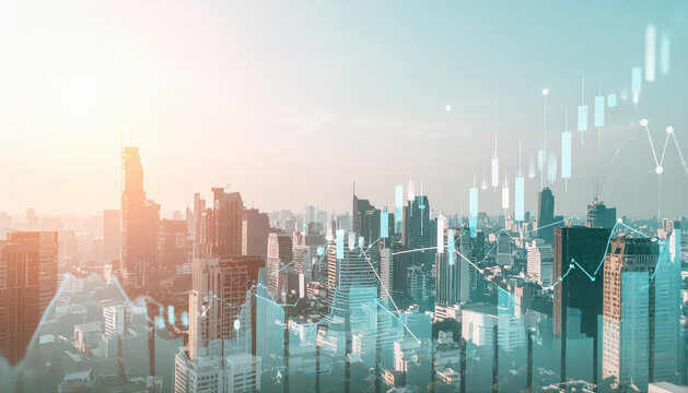 Photography of a Virtual financial stock market graph with upward trending lines and candlestick charts on the background of an urban skyline. - Powered by Adobe