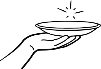 Hand holding a bowl Line Art Vector with sparkles isolated on white background