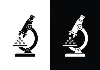 Silhouette of a microscope with a sample on a stage, presented in contrasting black and white backgrounds.