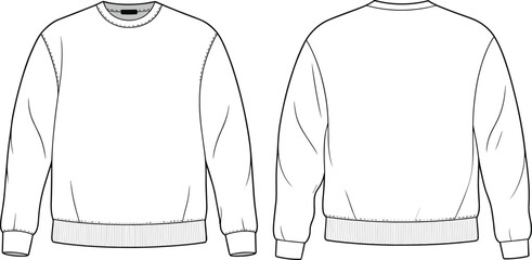 CAD drawing, flat sketch, front and back sweatshirt, vector illustration, apparel design, fashion template, technical drawing, blank jumper