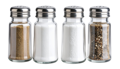Set of glass salt and pepper shakers with metal or plastic caps, isolated on a transparent or white background (PNG format)