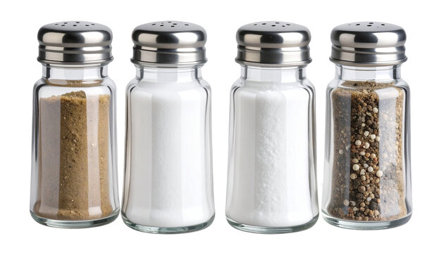 Set of glass salt and pepper shakers with metal or plastic caps, isolated on a transparent or white background (PNG format)