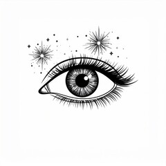 Detailed Eye with Eyelashes and Stars on White Background Spiritual Concept