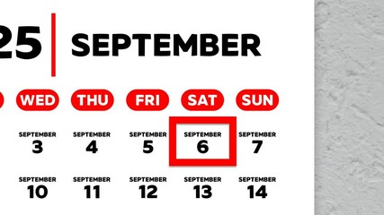 The date September 6th marked with a red cursor on the wall calendar 2025