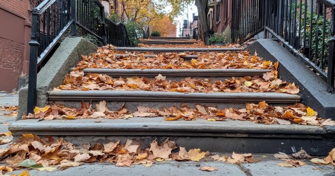 Autumn leaves blanket a city stairway