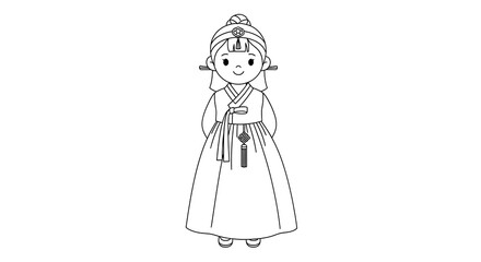 Adorable Cartoon Girl in Traditional Korean Hanbok Dress, Line Art Illustration, Childlike, Cheerful