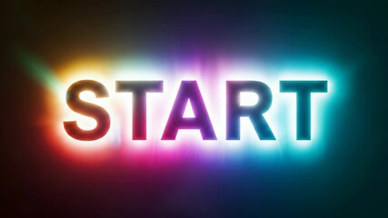 Start illustration showing colorful letters on dark background. Start concept art with luminous, gradient letters, artistic illustration creating impression of forward motion.