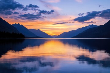 Fototapeta premium Serene mountain lake sunset. Reflections of a vibrant sunset paint the still water of a lake, flanked by dark silhouettes of mountains. Clouds in hues of orange, purple, and blue fill the sky