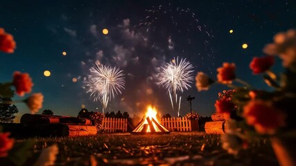 Nighttime Fireworks Display Above A Bonfire With Colorful Light And Starry Sky Background Celebrating An Event Surrounded By Red And White Flowers