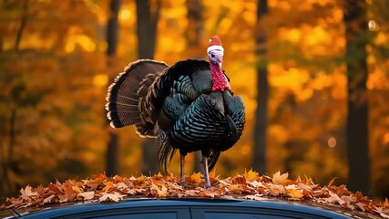 Festive Turkey In Santa Hat Standing On Black Car Roof Amidst Colorful Autumn Foliage With Orange And Yellow Background