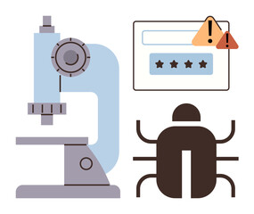 Microscope, software bug icon, and warning signs represent cybersecurity threats, software troubleshooting, and digital safety analysis. Ideal for technology, science, software testing, analysis