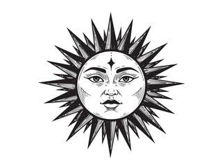 Sun engraving with spiritual solar motifs for mystical packaging jewelry and tarot card artwork