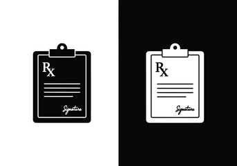 Black and white vector icons depicting a medical prescription form on a clipboard.