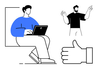 Person using laptop seated, standing speaker presenting energetically, approval sign emphasizing teamwork. Ideal for teamwork, communication, collaboration, remote work, education, motivation simple