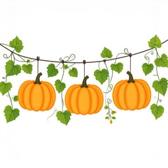 Three Orange Pumpkins Hanging with Green Vine Leaves on a White Background