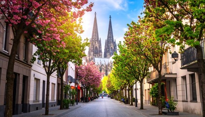 Fototapeta premium Springtime Stroll Through a European City Center with Blooming Cherry Trees and a Majestic Cathedral