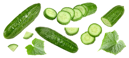 sliced cucumber isolated on white background. clipping path