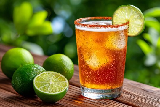 Refreshing michelada beer cocktail with lime and chili powder rim in outdoor setting
