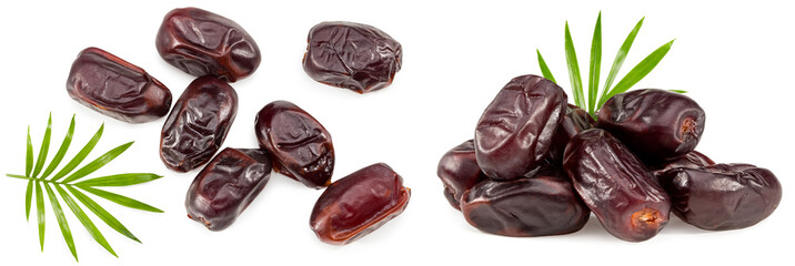 date fruits with green leaves isolated on white background. clipping path