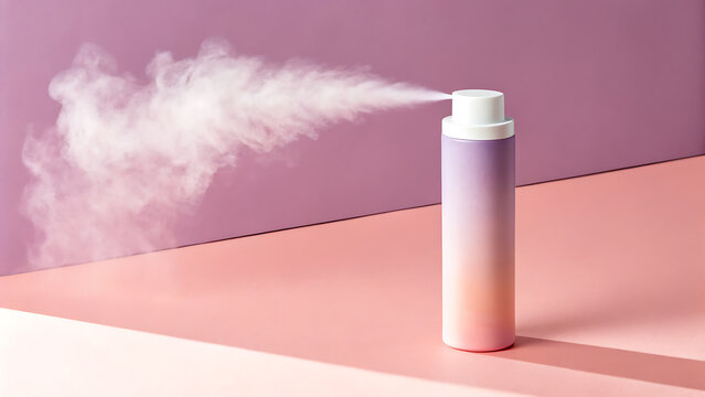 A purple and pink gradient spray bottle dispenses a fine mist against a soft pink and purple background