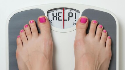 Woman's feet on a scale displaying the word "HELP!" indicating weight struggle and the need for diet and exercise - Powered by Adobe