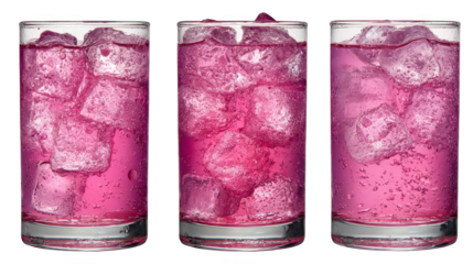 Three glasses of refreshing pink soda, a colorful and chilled summer beverage refreshing.